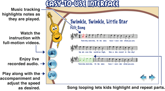 Easy to use interface - music tracking highlights notes or chords as they are played - watch the instruction with full-motion videos - enjoy live recorded audio - slow the music down as desired with MIDI - song loop lets kids highlight and repeat parts